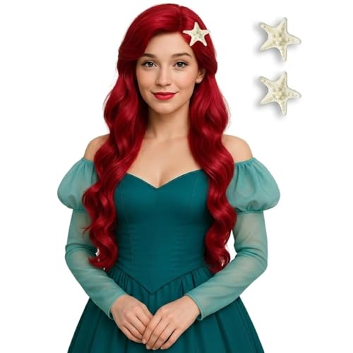 Red Mermaid Wigs for Women Long Red Body Wave Wig+ Wig Cap for Mermaid Costume Halloween Cosplay