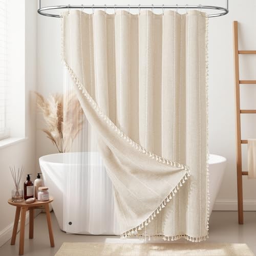 BTTN 3 in 1 Shower Curtain with Liner Cream Boho Linen Striped Cloth Shower Curtain Set with Plastic Hook Farmhouse Bohemian Country Waterproof Fabric Shower Curtain for Bathroom Beige 72x72