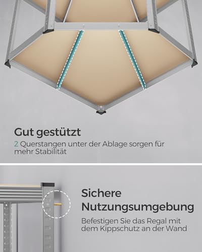 SONGMICS Eckregal-Set 5 Ebenen, Schwerlastregal, Metall, Lagerregal für Garage, Abstellraum, Kellerregal, bis 2625 kg belastbar, silbern-naturbeige GLR070E03