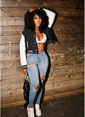 Women's Cropped Varsity Jacket Long Sleeve Casual Baseball Jacket Color Block Vintage Button Down Bomber Jackets3