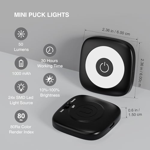 Image of Rechargeable Mini Puck Lights with Remote Control, Ultra-thin Tap Light with Adjustable Brightness (10%-100%) & 3 CCT (3000K /4000K /6500K), Perfect for Hallway, Stairway, Closet(6 Pack, Black)