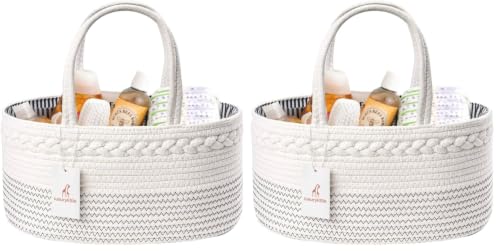 Image of luxury little Diaper Caddy Organizer, Large Cotton Rope Nursery Baby Basket, Changing Table Organizer for Baby Diaper Storage, Portable Car Organizer Removable Divider (Off White, Large) (Pack of 2)