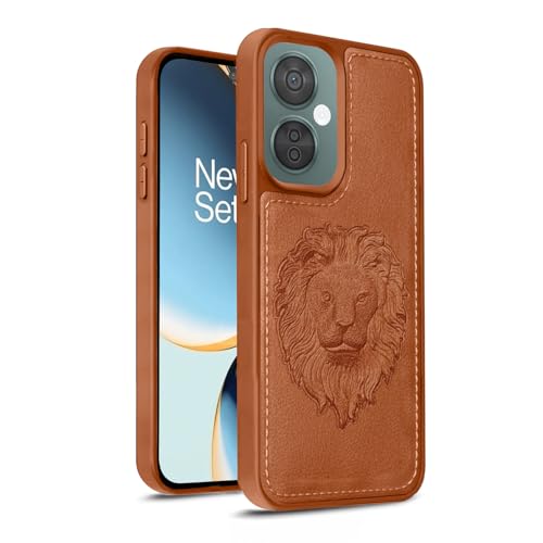 Image of Vaku Luxos Lion Embossed Back Cover Case for OnePlus Nord CE 3 Lite Premium Leather Stitched Soft Shockproof Protective TPU Phone Case Camera Screen Protector- Brown