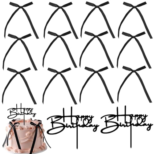 ZHAOYCSH 30 Piezas Topper para Pastel de Lazo + 2 Tarjetas para Tarta - Decoración Elegante para Cumpleaños, Baby Shower, Bodas y Fiestas - Adornos Festivos para Postres，Negro