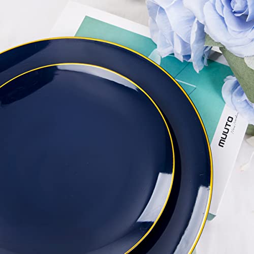 Liacere 150Pcs Blue Plastic Plates - Gold Plastic Silverware With Blue Handle - Navy Disposable Plates Include 30 Guests Plates, Forks, Spoons, Knives For Wedding & Party #TOP6