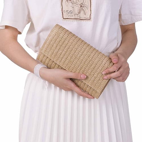 Image of Fozehlad Straw Clutch Purse for Women, Woven Straw Beach Crossbody | Raffia Envelope Wallet, Fold Over, Chain Shoulder Bag