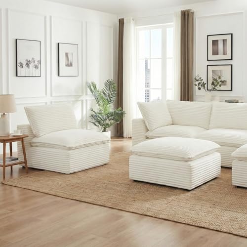 Image of Modular Sectional Sofa Add-On Set - Corduroy Middle Seat & Ottoman, Convertible Armless Chair with Footstool, DIY Expansion Module for Living Room, Bedroom, Apartment