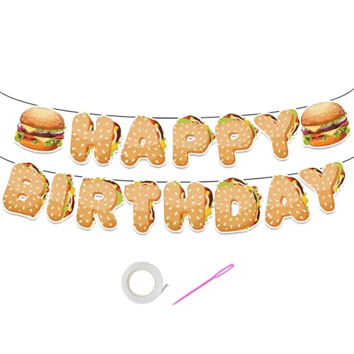 Image of Hamburger Happy Birthday Banner, Hamburger Birthday Party Decorations, Fast Food Snacks Themed Birthday Party Supplies