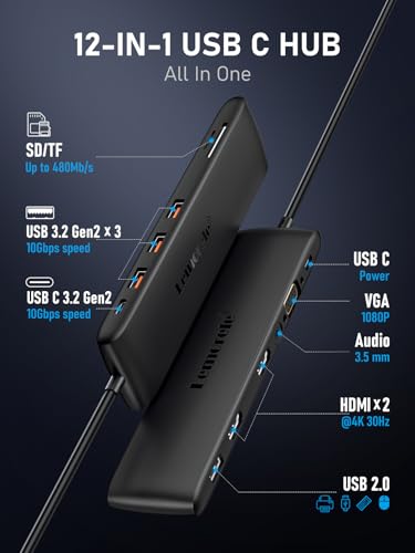Image of Lemorele 12-in-1 Docking Station 10Gbps, Triple Display with HDMI+VGA, 3 USB-A 3.2 Gen2 Ports, 100W PD Fast Charging, SD /TF Card Slots, Compatible with Dell, Lenovo, Surface Laptops
