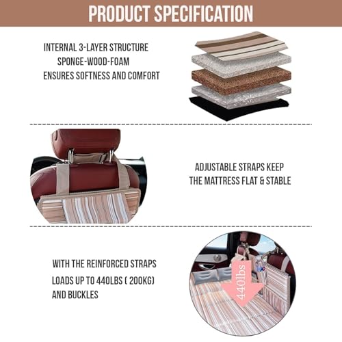 Image of Allextreme CB-S03 Non-Inflatable Car Bed with Two Pillows Portable & Foldable Design Polyester Fabric Back Seat Sleeping Mattress & Multi Storage Organizer for Baby Kids Travel Picnic (Beige & Brown)