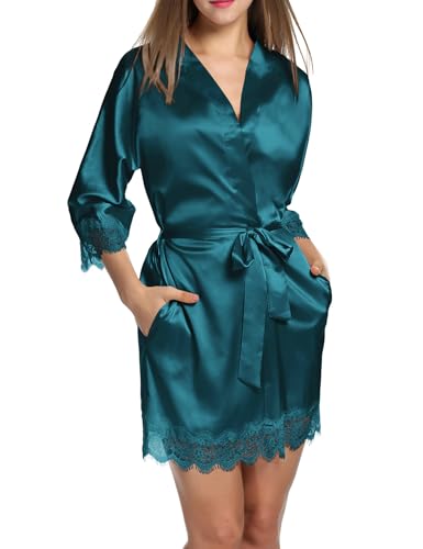 Image of Ekouaer Womens Silk Robes Short Lace Trim Satin Bride Bathrobe with Pockets