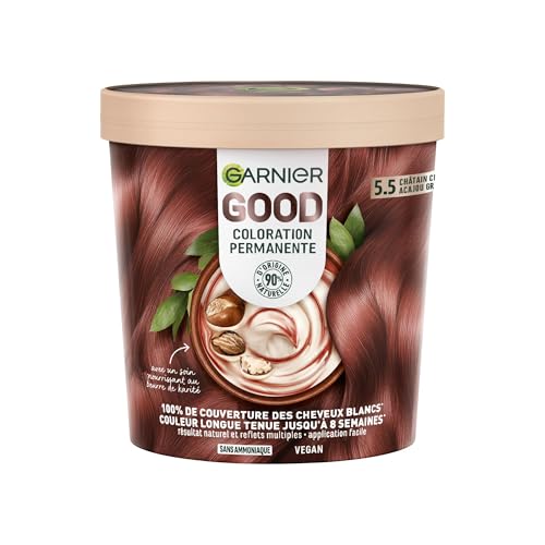 Garnier - Colorazione permanente - Senza ammoniaca - 90% di ingredienti di origine naturale - Formula vegana - Burro di karité - 100% copertura capelli bianchi - Marrone chiaro mogano Griotte (5.5