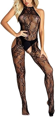Lingerie for Women V-Neck Lace Full Body Stockings Cutout Sleeveless Sheer Mesh Fishnet Lingerie Dress Sexy Bodysuits