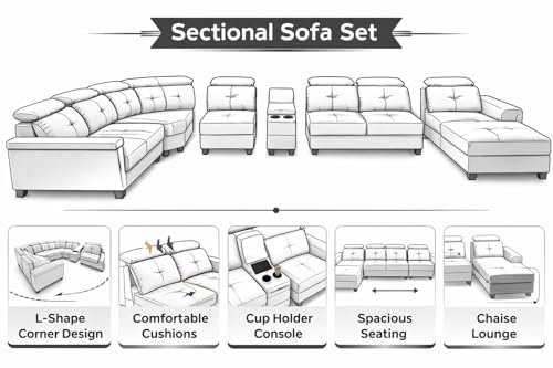 Image of Torque Arnold Fabric 8 Seater Sofa with Lounger and Cup Holder Dark Grey | Corner Sofa Couch with Moveable Headrest | U Shape Sectional Sofa Set Living Room Office Home