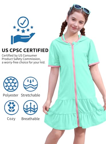 Image of BesserBay Girls Summer Beach Quick Dry Cover Up Ruffle Hem Terry Smocked Hooded 4-14 Years with Pockets