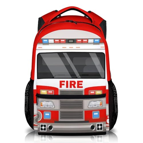 School Backpacks for Boys, 17 inches Back to School Supplies for Kids Children, Fire Truck Bookbag with Pockets for Kindergarten Preschool, Cartoon Schoolbag for Truck Lovers