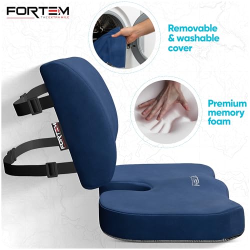 Image of FORTEM Seat Cushion & Lumbar Support for Office Chair, Wheelchair, Car | Memory Foam | Ergonomic Design | Washable Cover | Non Slip | Blue