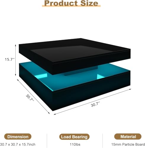 KEEPREAPER Black Glossy Square Coffee Table for Living Room, Modern Coffee Tables with Storage, LED Light Coffee Table 2-Tier Square Middle Center Table,Contemporary Wood Tea Tables for Dining ﻿