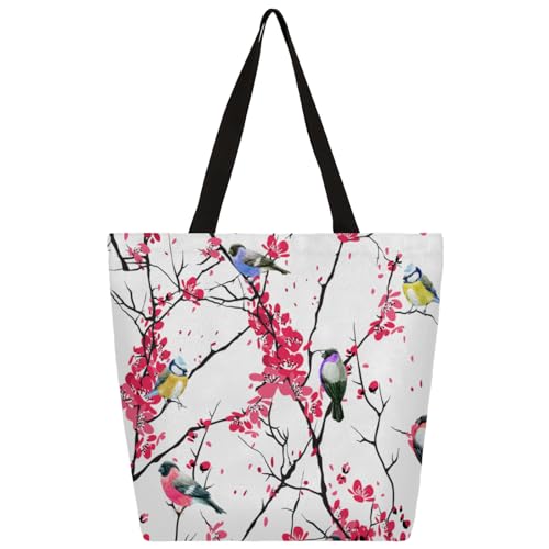 Mularoka Painted Flowers Birds Large Capacity Canvas Tote Bag Stylish Handheld Shoulder Bag Reusable Shopping Bag for Work Travel Beach Trips Shopping