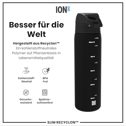 ion8 Trinkflasche, 500 ml, Auslaufsicher, Einhandöffnung, Sichere Verriegelung, Spülmaschinenfest, BPA-frei, Tragegriff, Klappdeckel, Leicht zu Reinigen, Klimaneutral, Schwarz