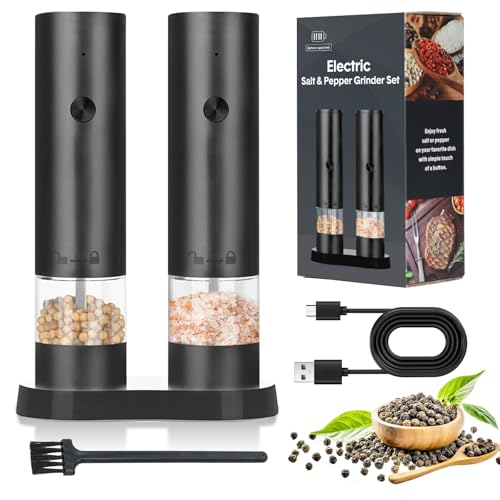 Electric Salt and Pepper Grinder Set,USB Rechargeable Automatic Pepper Mill with Storage Base,Adjustable Coarseness Spice Grinder Set Washable Container for Kitchen/Picnic/BBQ