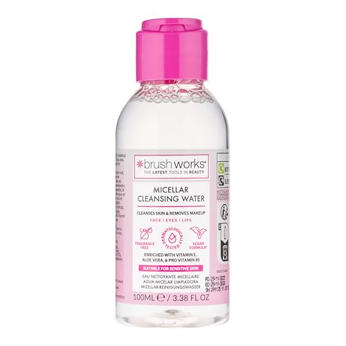 Brushworks Micellar Cleansing Water 100ml Travel Size Makeup Remover with Vitamin E Aloe Vera & Pro Vitamin B5 for Face Eyes & Lips Fragrance Free & Vegan