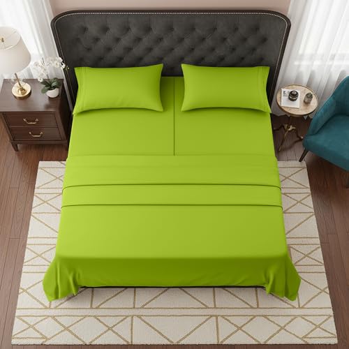 Image of Elegant Comfort Luxurious 1500 Premium Hotel Quality Microfiber Three Line Embroidered Softest 5-Piece Bed Sheet Set, Wrinkle and Fade Resistant, Split King, Lime