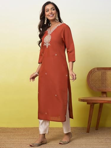 Image of Women's Embroidered Silk Straight Kurta Kurti | Below Knee Kurtas for Women Traditional Indian Wear Outfit Suitable Casual Festive Office Styling