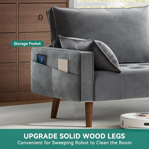 DWVO 68" Loveseat Sofa, Velvet Fabric Sofa Couch for Small Space, Modern Loveseat with Button Tufted Seat and Side Storage Pockect, 3 Seater Couch for Living Room Bedroom, 2 Pillows Included, Grey