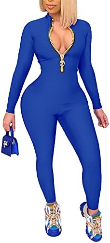 ECHOINE Sexy Jumpsuits for Women Long Sleeve V Neck Zipper Bodyco...