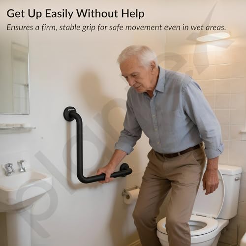 Image of Plantex L-Shape Grab Bar for Toilet /Support Handle for Senior Citizen /Anti-Slip Shower Handrail - Stainless Steel, Pack of 1 (Black)