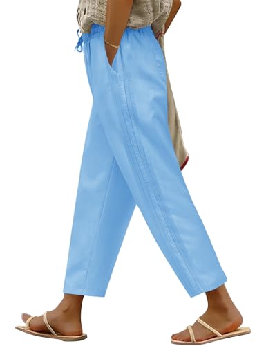 PASUDA Pantalones Mujer Verano de Algodón Pantalones Anchos Casuales Cintura Alta Elástico 7/8 Rectos Largo Pantalón Ligeros y Cómodos con Cordón Bolsillos (Azul, XL)