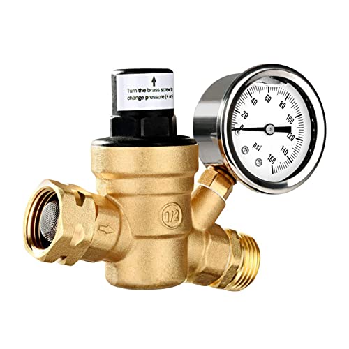 SIBOMTEX - Válvula reguladora de presión de agua, de latón, ajustable, reductor de presión de agua con calibre de 0 a 160 PSI y filtro de entrada para remolque de viaje RV
