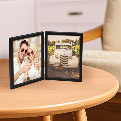 AEVETE 5x7 Picture Frames Double Hinged Wood Folding Photo Frames Vertical with Plexiglass Front, Black - Image 5