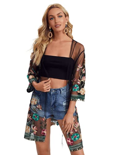Romwe Women s Floral Embroidered 3 4 Sleeve Kimono Cardigan Mesh Sheer Beach Cover Ups Black L