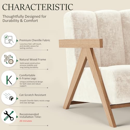 Modern Accent Chair for Living Room Bedroom,Comfy Chenille Reading Chair with Wood Frame,Oversized Upholstered Lounge Armchair with Thick High-Elastic Sponge for Apartment & Waiting Room (White,1) - Image 4