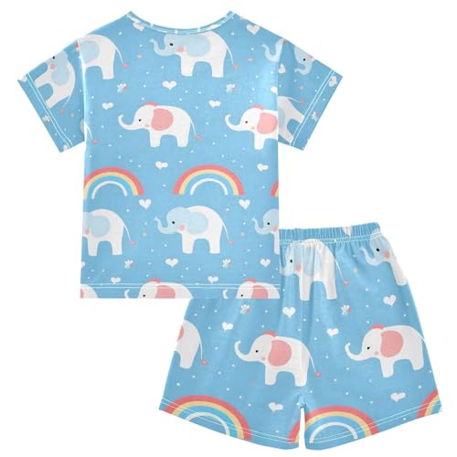 ALAZA Cute Elephant Love Heart Blue Pajamas Set Short Sleeve Cotton Sleepwear Summer Pjs 2 Piece 5-14Y2