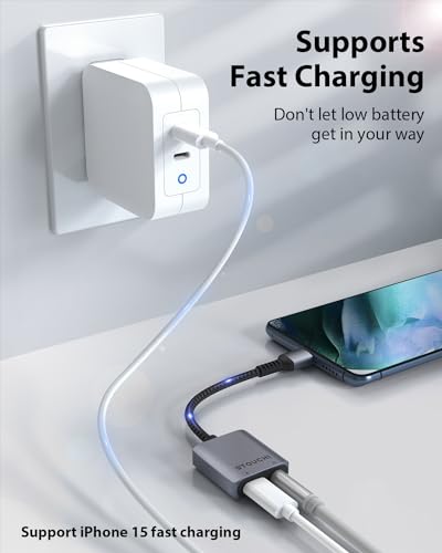 Stouchi USB C to 3.5mm Headphone and Charger Adapter, 2 in 1 iPhone 16/15 USB C to Aux Audio Jack with 30W Fast Charging, Hi-Fi Dongle Compatible with Pixel 9 8/7/6, iPad, Galaxy S22 S21 Note 20