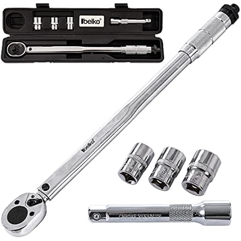 BELKO Drehmomentschlüssel 6tlg. Set 28-210Nm 1/2" CV inkl. 3 Stecknüsse und Verlängerung inkl. Koffer +/- 4% Toleranz, präziser Schraubenschlüssel mit Umschaltknarre Cover