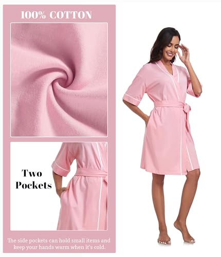 Image of ANLIQI Womens 100% Cotton Robes Lightweight Summer Short Sleeve Lady Bathrobe Knee Length Kimono Robe Sleepwear with Pockets