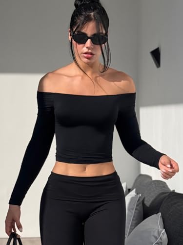 YEOREO Sophie Women Off Shoulder Long Sleeve Shirts Double Lined Basic Undershirt Y2K Going Out Tops2