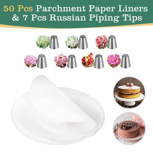 E-Gtong Stainless Steel Cake Pan Set - 3 Sizes 4" 7" 9" Leakproof Round Cheesecake Pan with Removable Bottom, 50 Pcs Parchment Paper Liners and 7 Pcs Russian Piping Tips