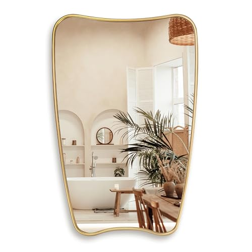 PERFNIQUE Espejo de Pared Irregular Dorado para Baño, Espejo de Pared Irregular de 32 x 22 Pulgadas, Espejo Decorativo Vintage, Espejo de Tocador Moderno para Baño, Sala de Estar, Entrada, Decoración