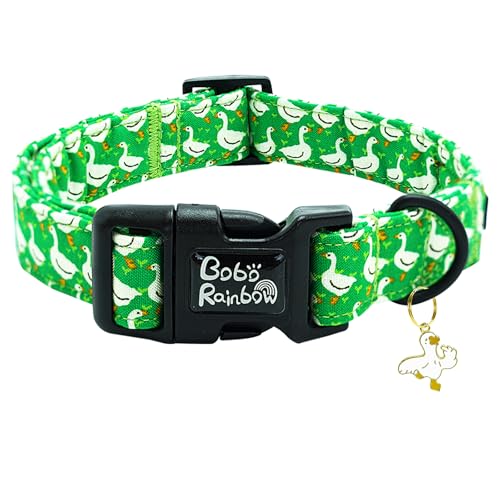 Image of Spring Summer Green Goose Print Dog Collar for Medium Dogs | Daily Walking,Farm Trips,Garden Picnic,Adjustable,Soft Cotton Fabric,Quick Release Plastic Buckle,Pendant,Female /Male Dog