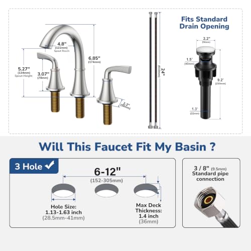 HURRAN Bathroom Faucet 3 Hole, 8 Inch Widespread Faucet, Brushed Nickel - image 6