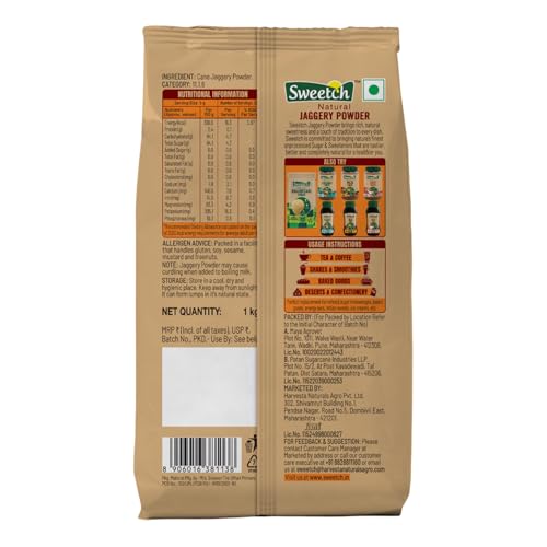 Image of Sweetch Natural Cane Jaggery Powder 1kg | Natural Sweetener | Refined Sugar Alternative contain Minerals, No Chemical, Sulphur & Bleach Free | Gur, Gud Powder for Baking & Cooking (Pack of 1)