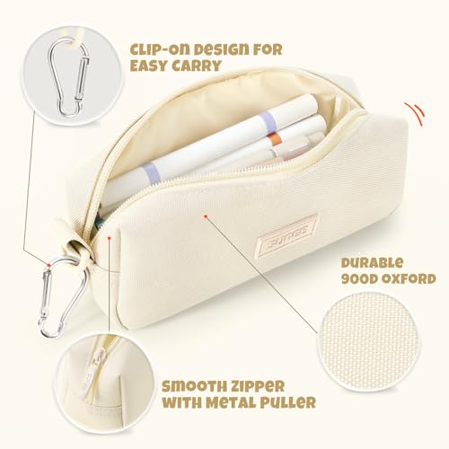Image of SUNEE Small Pencil Case for Girls & Boys, Pencil Pouch Pen Bag Coin Pouch with Durable Oxford Fabric Marker Pen Case for School Supplies Office Stationery Organizer, Beige