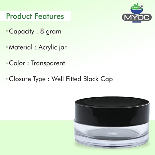 Image of Acrylic SAN Cosmetic Jars Pack of 8 - 8 g Empty Clear Cream Containers with Black Lid for Lip Balm, Makeup, Cream, Samples & DIY Skincare