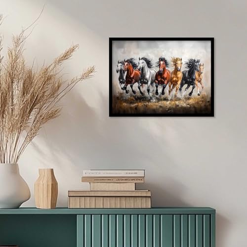Image of HOTHOUSE Seven Running Vastu Lucky Horse Painting | 7 Horses Vastu Frame Wall Art Painting for Living Room Bedroom Office Home Decor Wall Decor Size (19X25 inch)