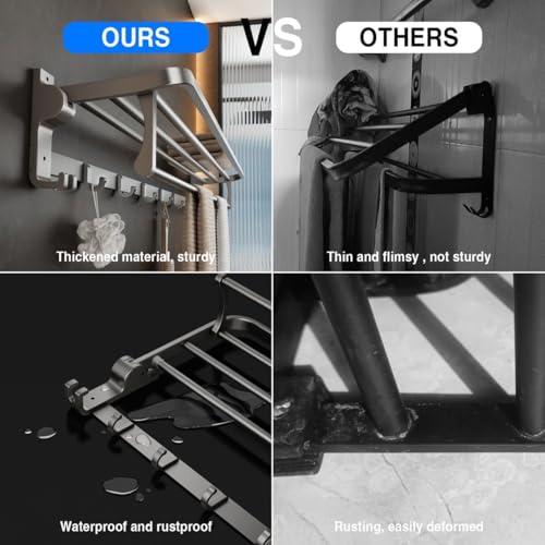 Image of Towel Holder in Bathroom Towel Hanger for Wall Bathroom Towel Rack with Towel Bar and Hooks 60cm Foldable Towel Rod Wall Mounted Lavatory Towel Stand Black Finish